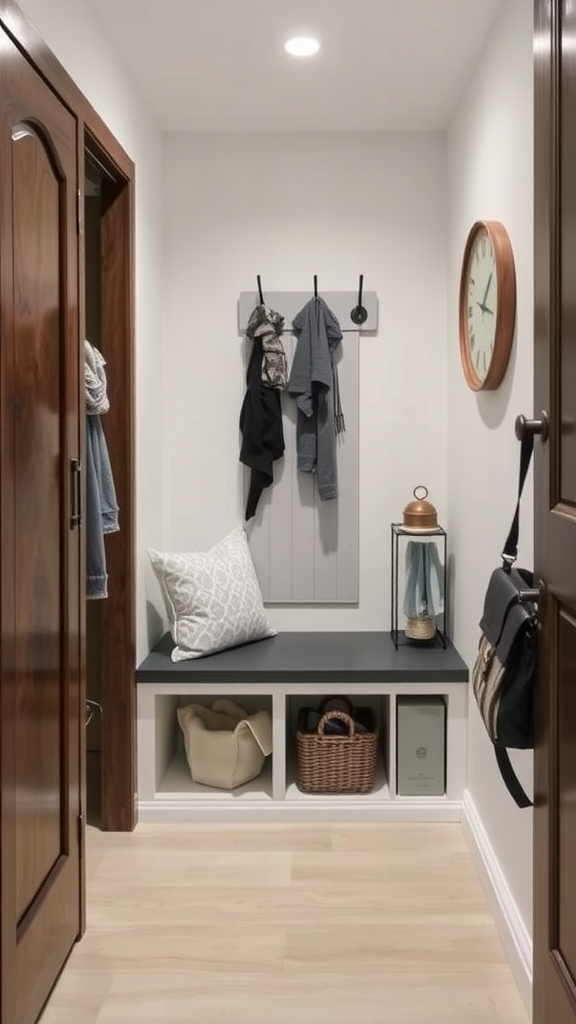 A small entryway with a narrow bench, hooks for hanging clothes, and storage baskets.