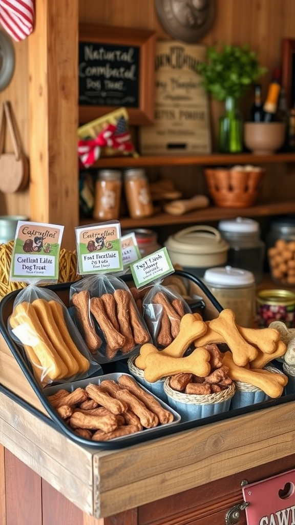 A display of various natural dog treats in a rustic shop setting.