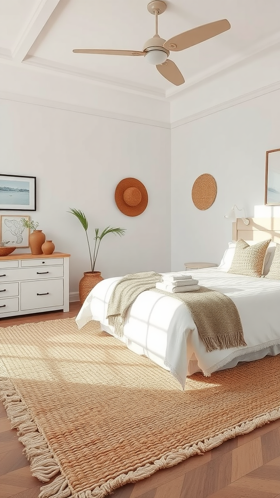 Coastal cottage bedroom with a natural fiber rug, showcasing a light and airy decor.