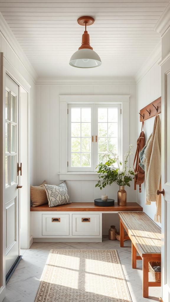 Bright and airy entryway with natural light, wooden bench, and plants