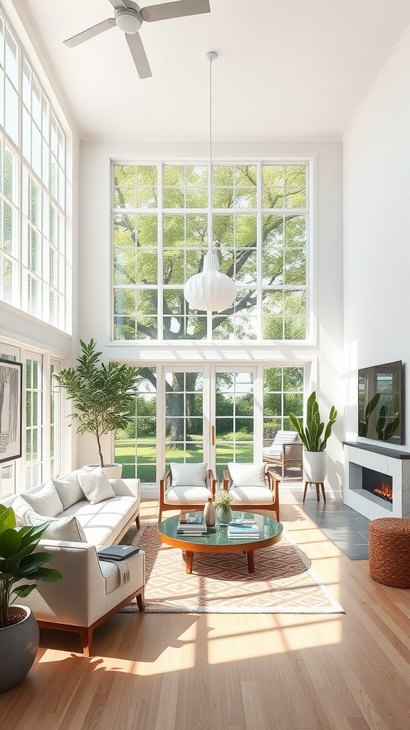 A bright living room with large windows, showcasing natural light and greenery outside.