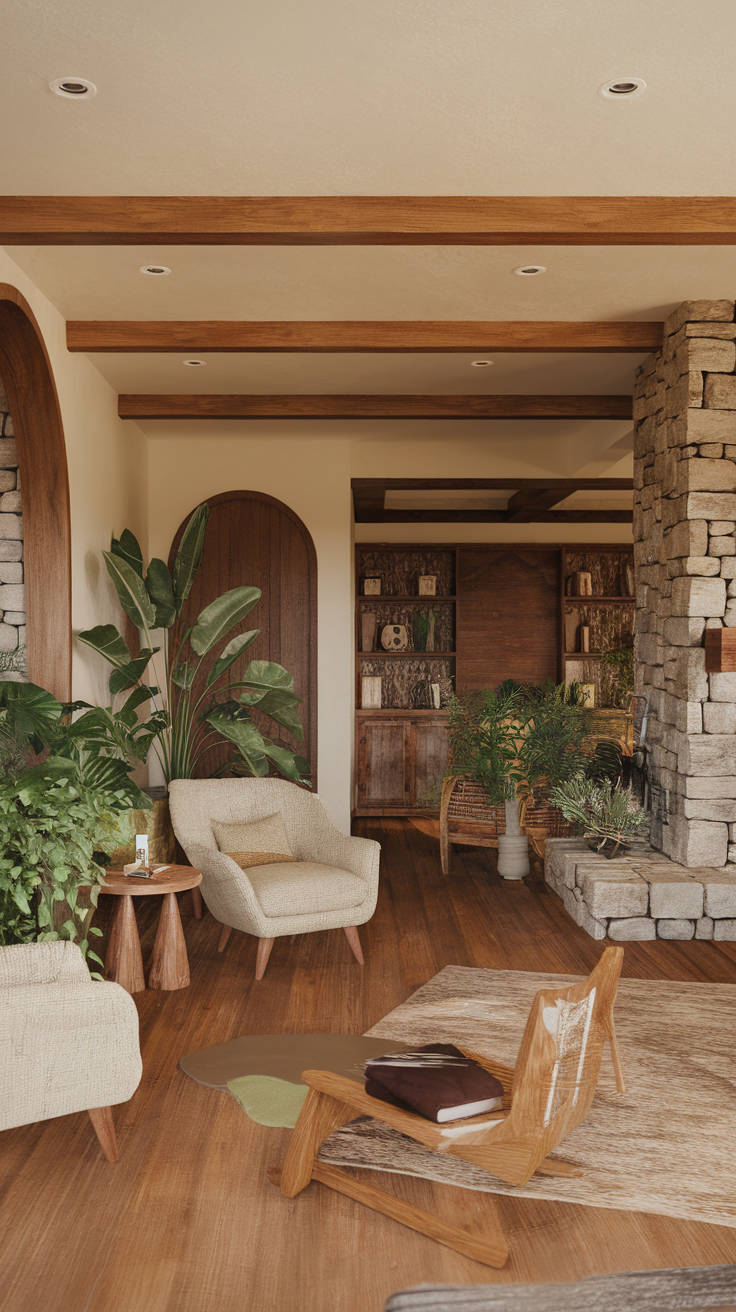 A cozy living space featuring natural materials like wood and stone, with plants adding greenery.