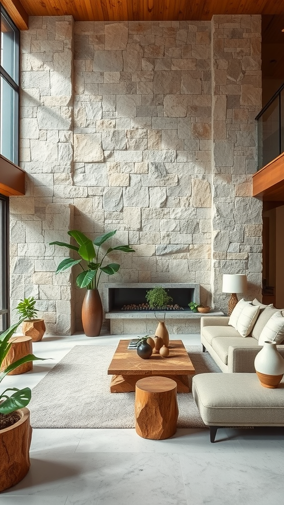 Cozy living room with natural stone wall and organic furniture.