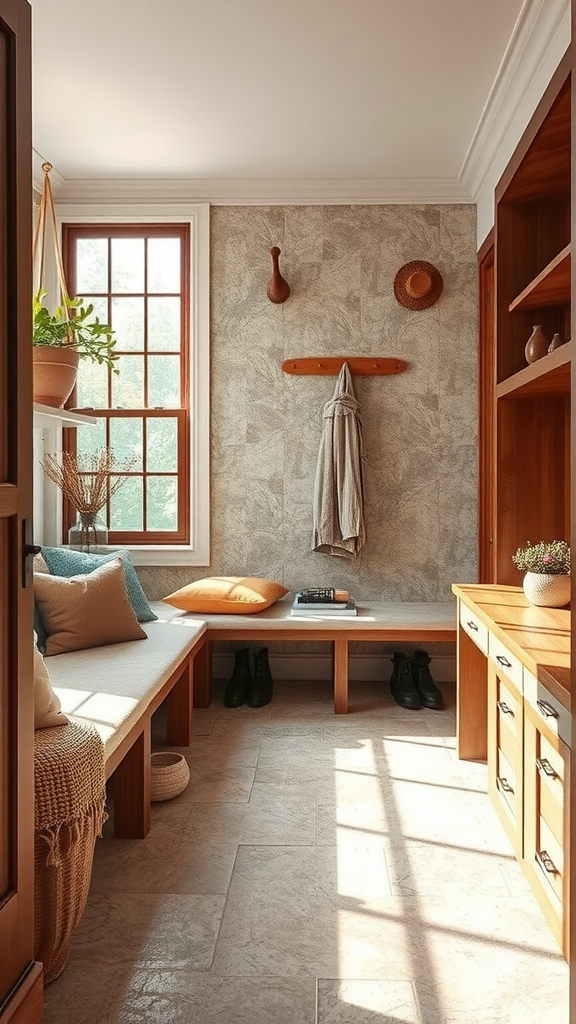 A cozy entryway featuring natural stone flooring with wooden accents and soft cushions.