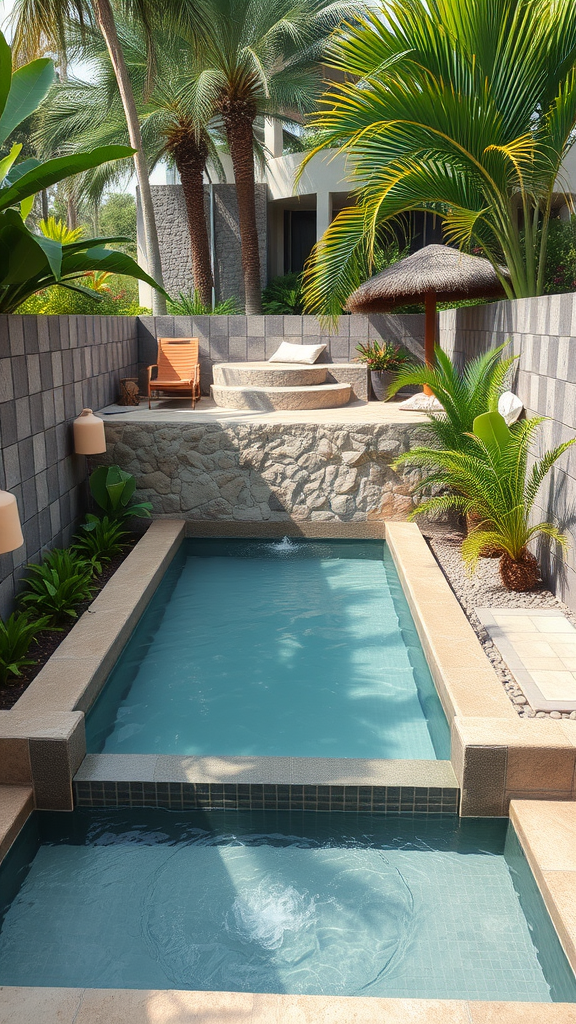 A small elevated pool surrounded by palm trees and natural stone, creating a serene oasis.