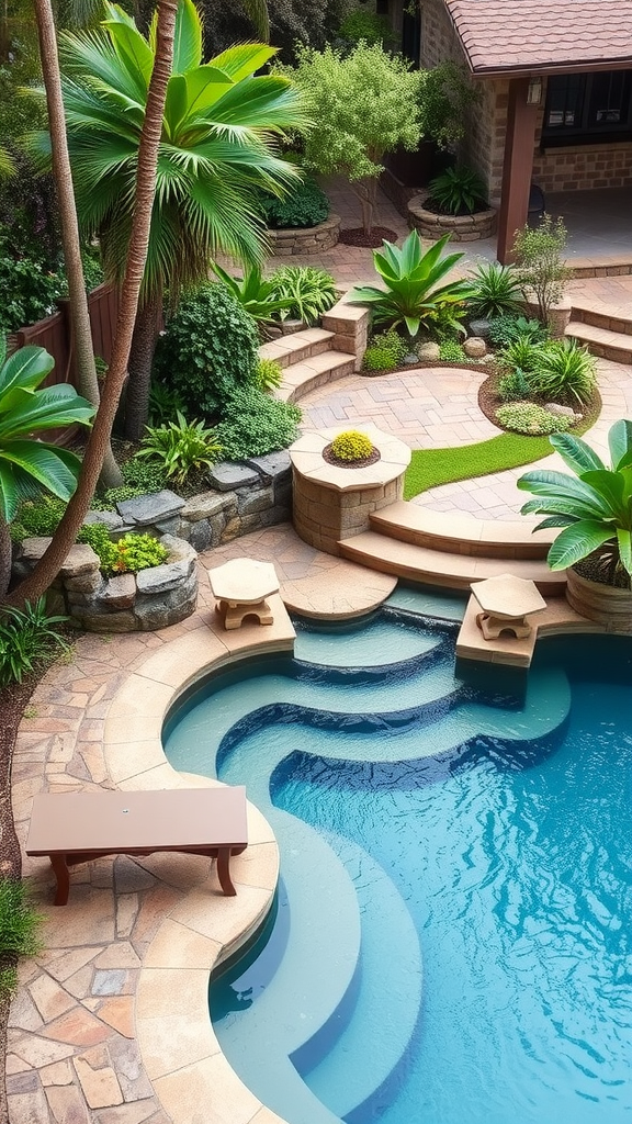 A natural stone pool featuring a hot tub, surrounded by lush greenery and stone pathways.