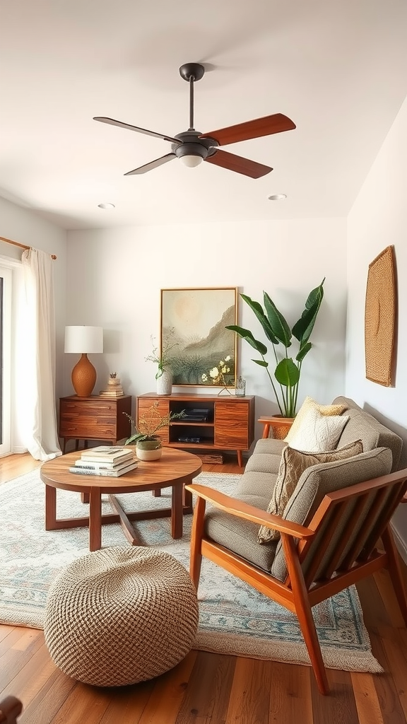 A cozy living room featuring wooden furniture, soft textiles, and plants, showcasing natural textures.