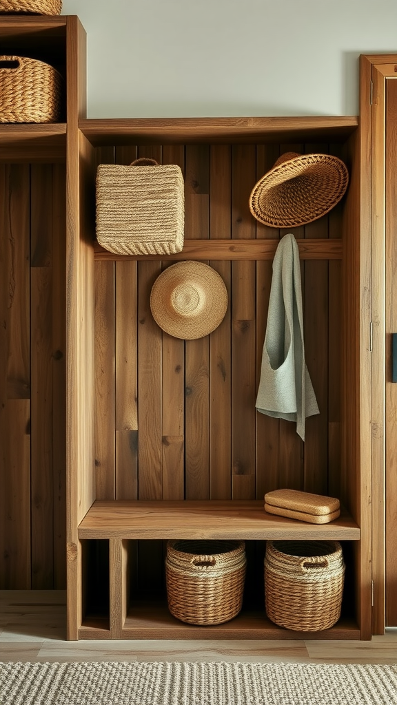 A cozy entryway with wooden panels, woven baskets, and a hat displayed.