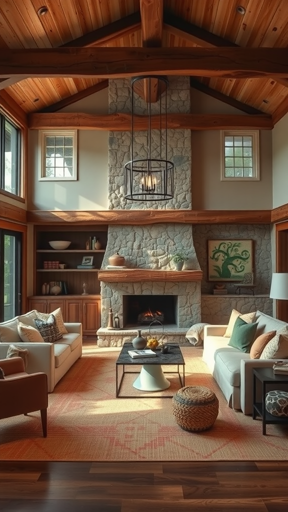 Cozy living room with wooden beams, stone fireplace, and comfortable seating.