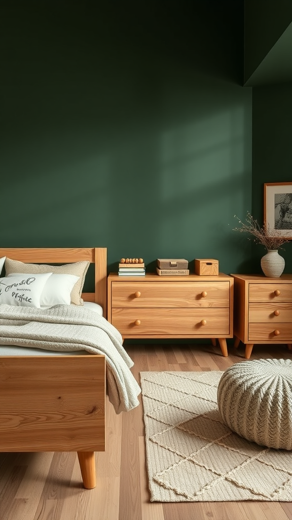 A cozy bedroom featuring natural wood furniture and warm, earthy tones.