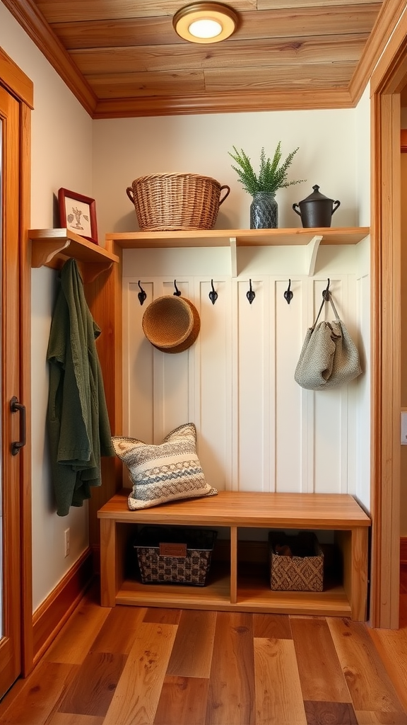 A welcoming entryway featuring natural wood accents with hooks, baskets, and a bench.