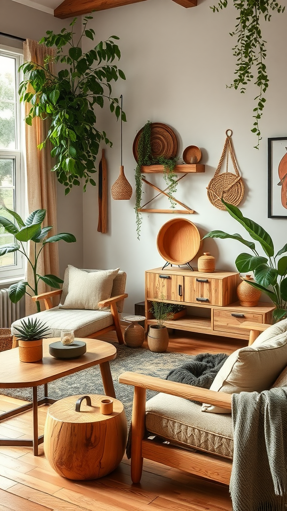 A cozy living room featuring natural wood furniture, plants, and warm decor.