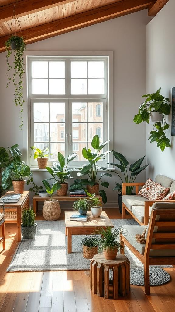 A bright living room featuring natural wood furniture and various indoor plants.