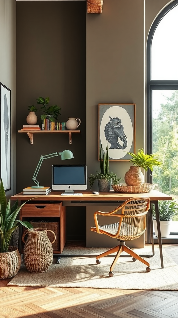 A cozy workspace featuring a wooden desk, plants, and a computer, creating a calm atmosphere.