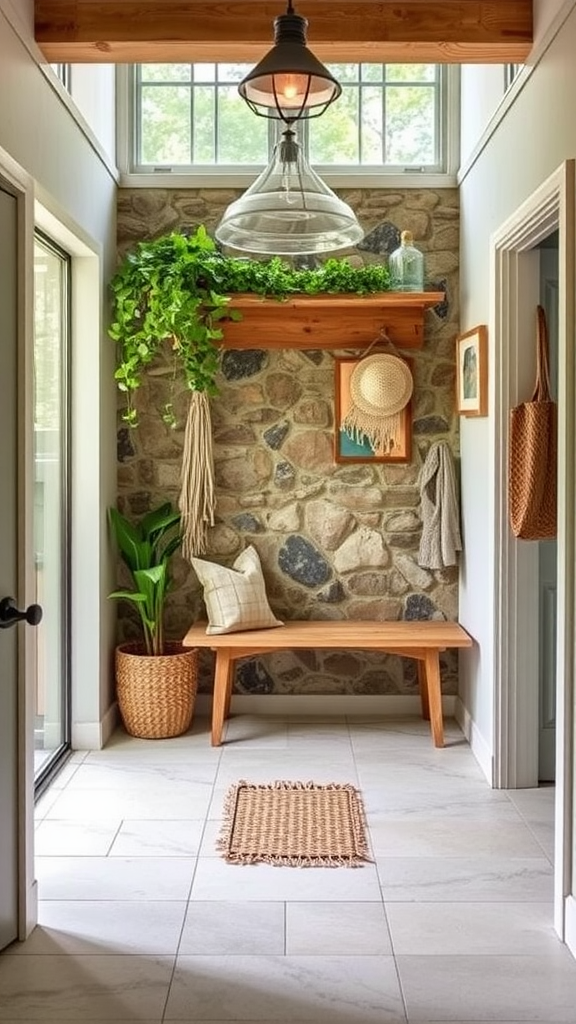 An inviting entryway with natural stone walls, wooden elements, and indoor plants.