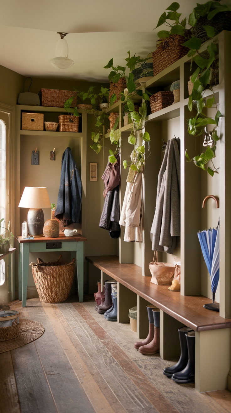 A cozy entryway with plants, coats hanging, and boots on display.