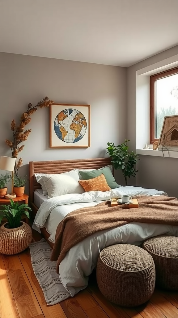 A cozy bedroom featuring a wooden bed, earthy color palette, plants, and a world map on the wall.