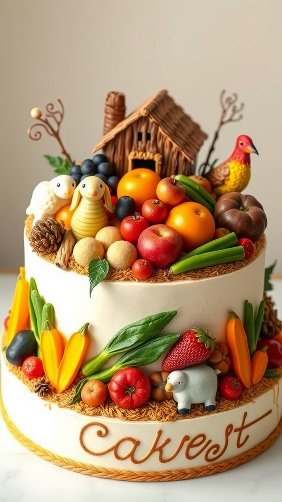 A beautifully decorated cake featuring various fruits, vegetables, and small animal figures.