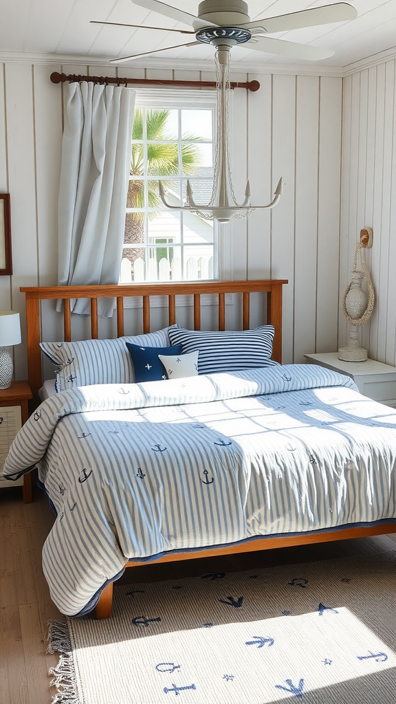 A cozy coastal bedroom featuring nautical-themed bedding with blue and white stripes and anchor designs.