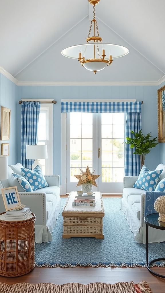 A cozy living room with a nautical theme featuring blue walls and patterned decor.