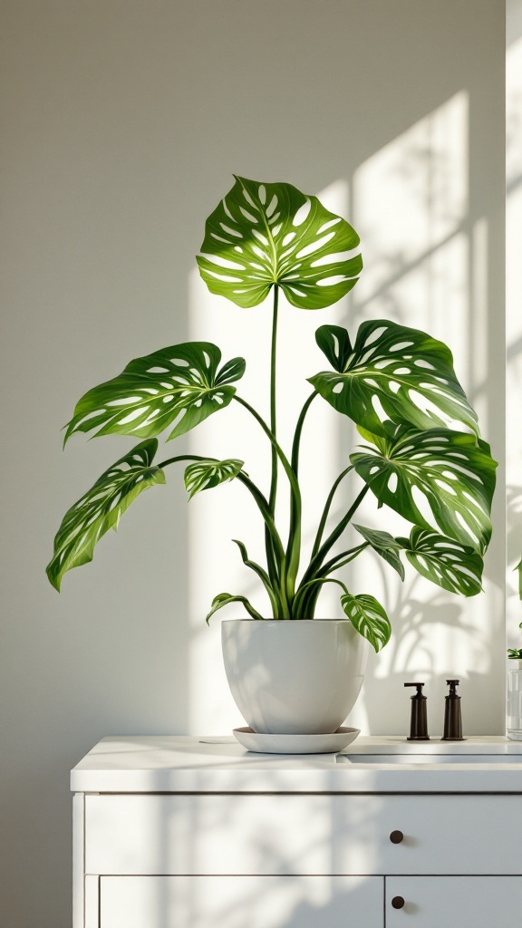 A nerve plant with intricate green leaves placed in a white pot, brightening a bathroom space.