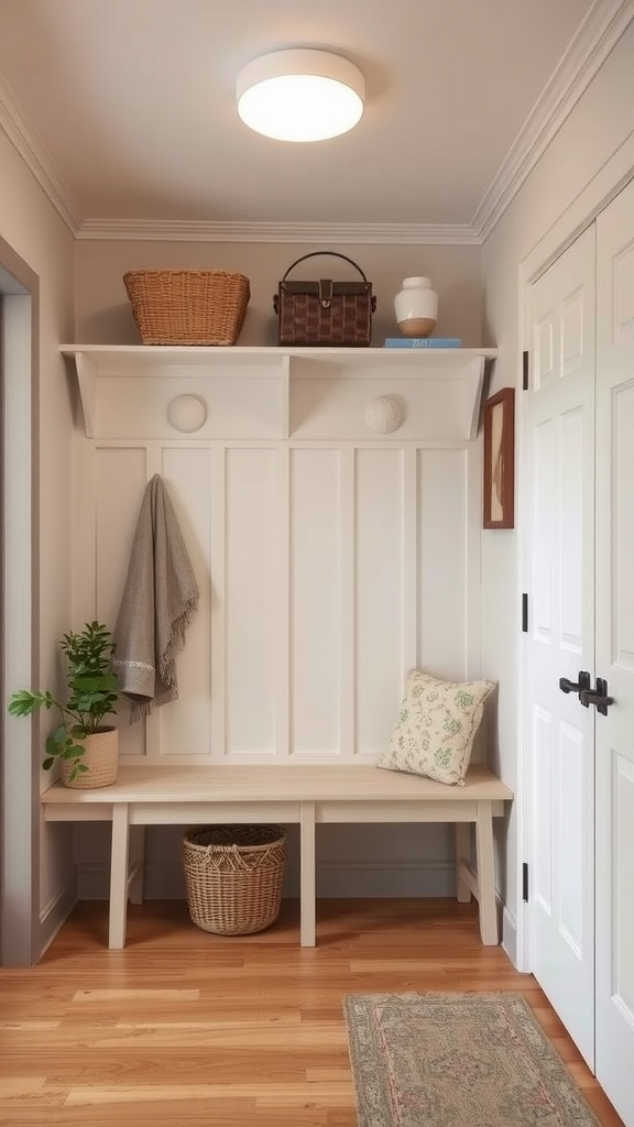 A cozy entryway with neutral colors, featuring a bench, baskets, and a plant.