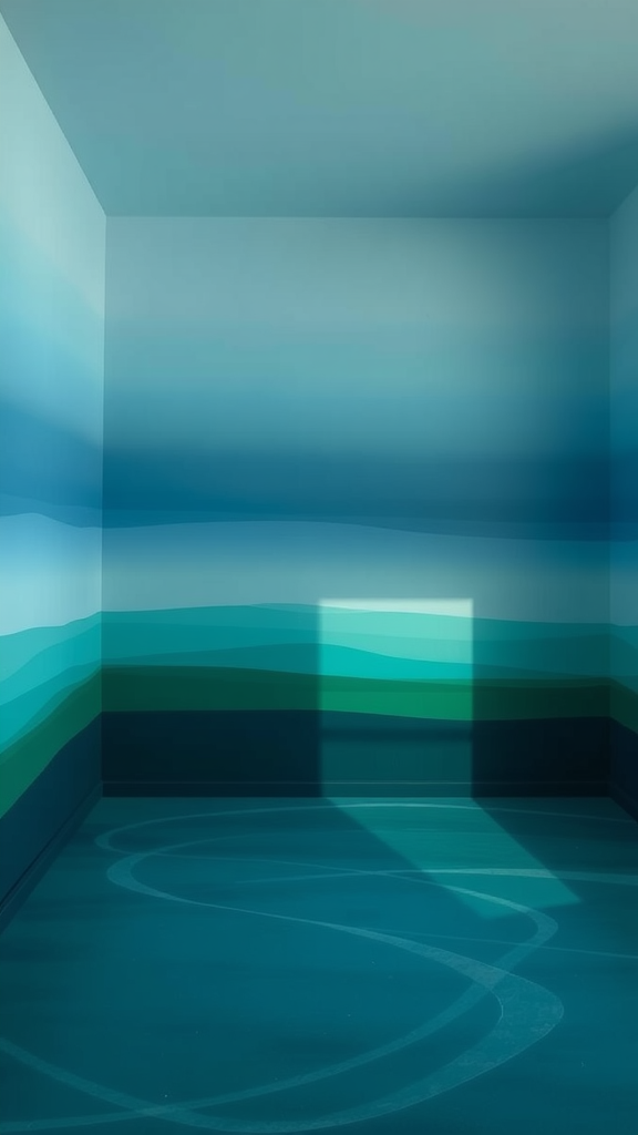 A room with walls painted in ocean-inspired color gradients of blue and green.