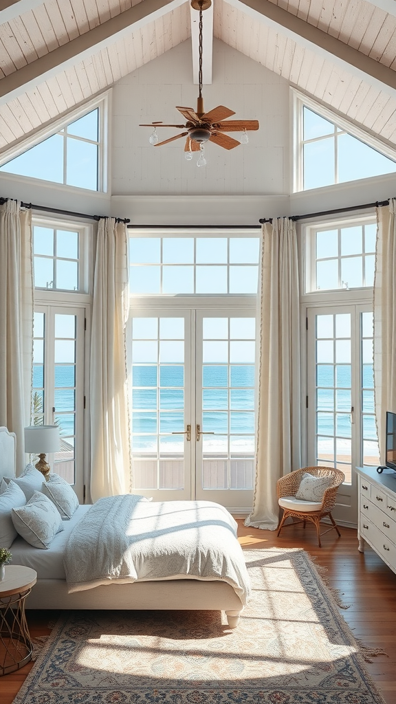 Bright coastal bedroom with ocean view windows showcasing a beach scene.