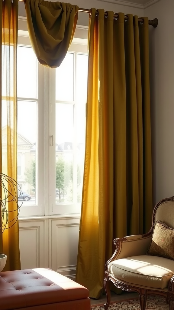 A room with olive green curtains and a cozy seating area