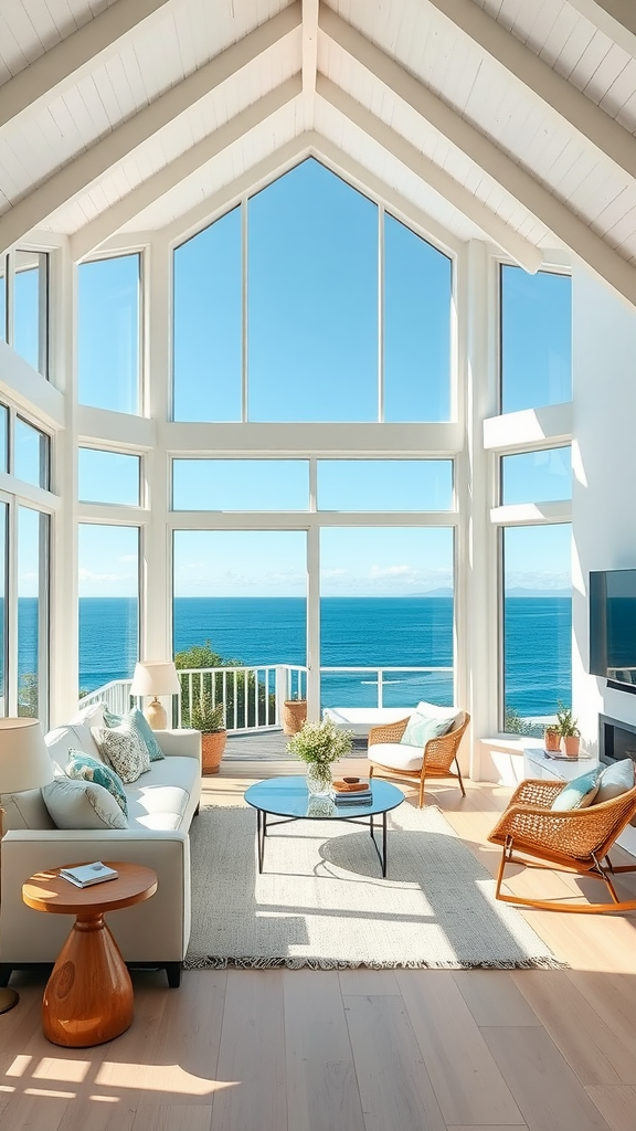 A bright, open living space with large windows overlooking the ocean.