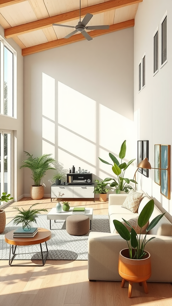 Bright and airy living room with natural light, plants, and modern furnishings.