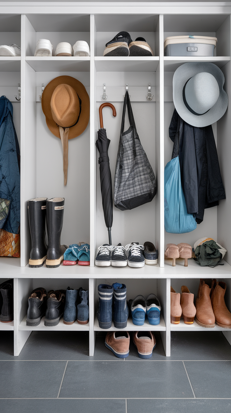 A neat open cubby storage system with shoes, hats, and jackets organized for easy access.