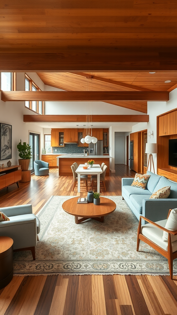 A cozy living area with an open floor plan featuring wooden beams, a dining table, and a modern kitchen.