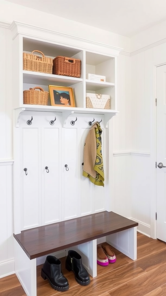 Open shelving with baskets and a picture above a boot and shoe rack.