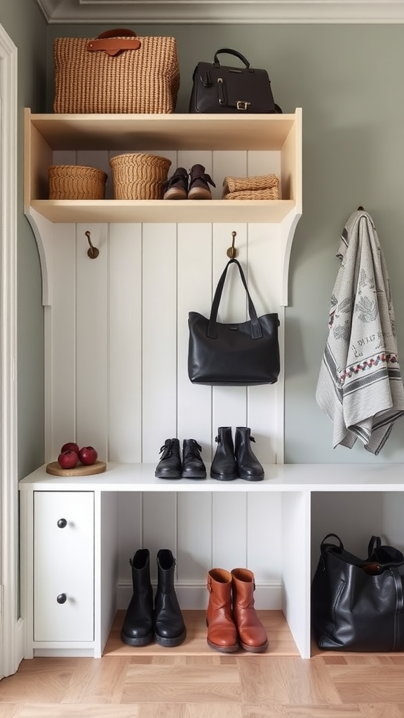 A cozy entryway with open shelving displaying bags, shoes, and woven baskets.