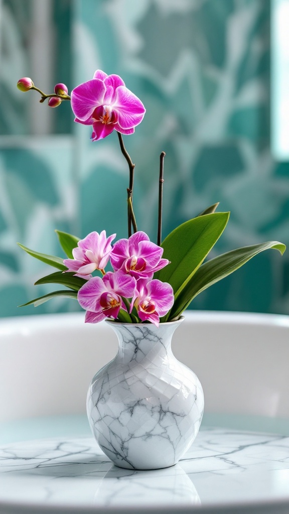 A beautiful arrangement of pink orchids in a marble vase, set in a bathroom.