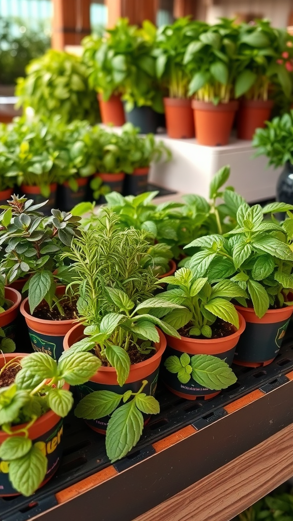 A variety of organic herbs in pots, including basil and mint, displayed on a table.