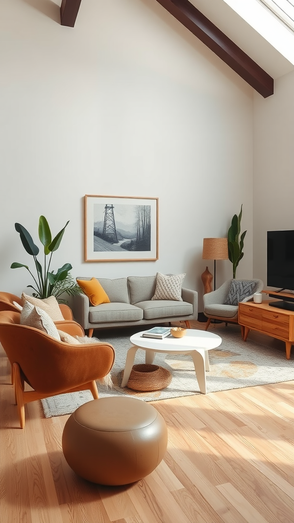 Cozy living room with organic-shaped furniture and warm colors