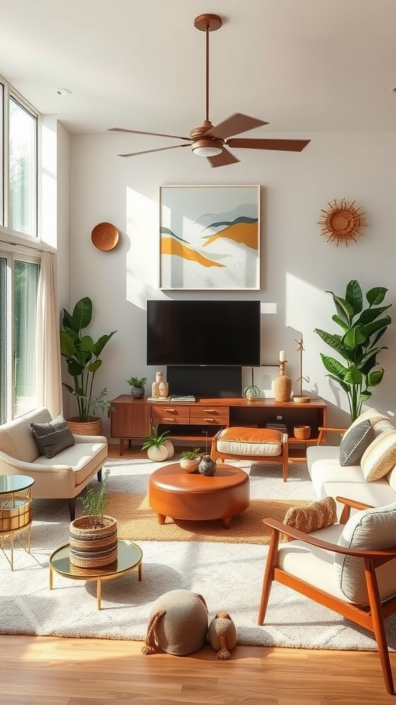 Cozy living room with plants and natural decor elements.