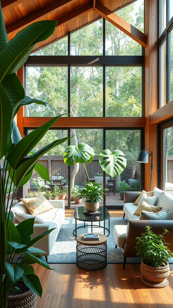 Bright living room with large windows, plants, and comfortable seating