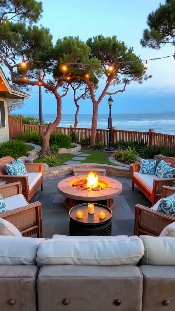 A cozy outdoor setup featuring a fire pit surrounded by comfortable seating and trees.