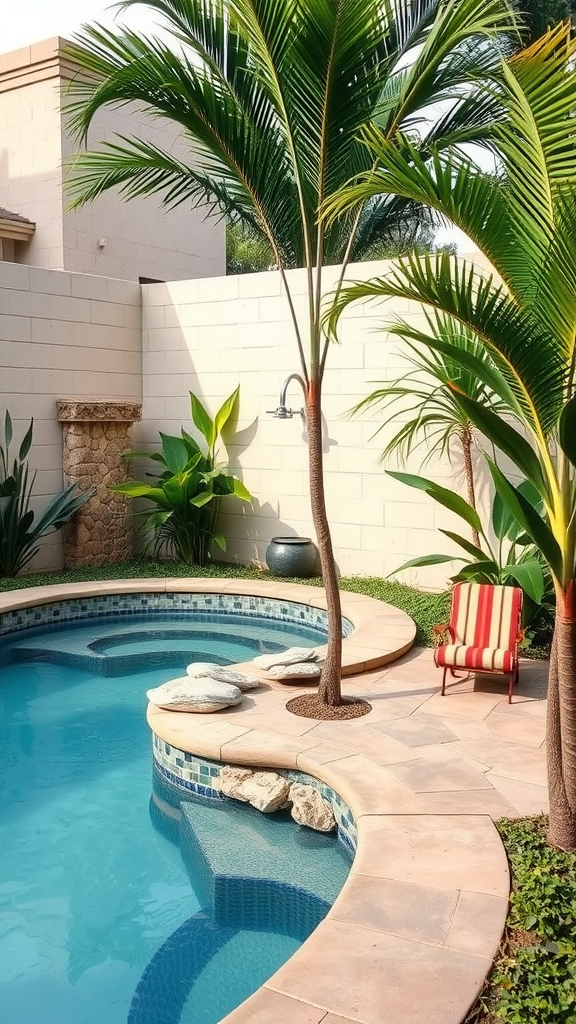 A kidney-shaped pool with an outdoor shower surrounded by tropical plants and a red-striped chair.