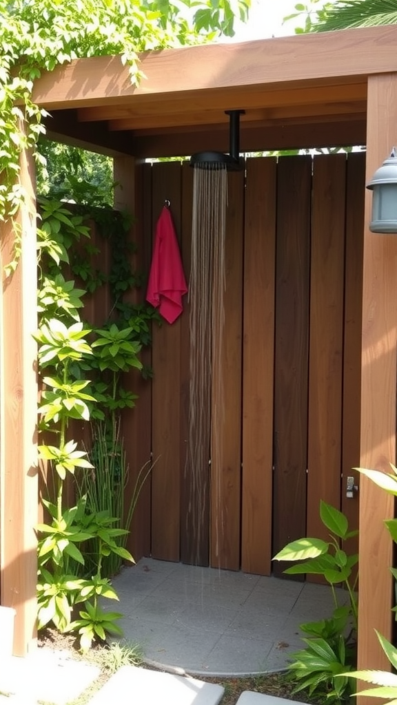 A wooden outdoor shower surrounded by green plants and a pink towel hanging.