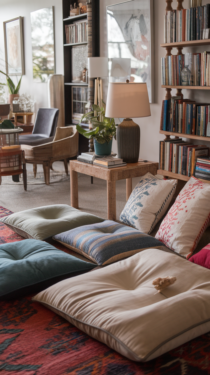 A cozy living room featuring oversized floor cushions in various colors and patterns.