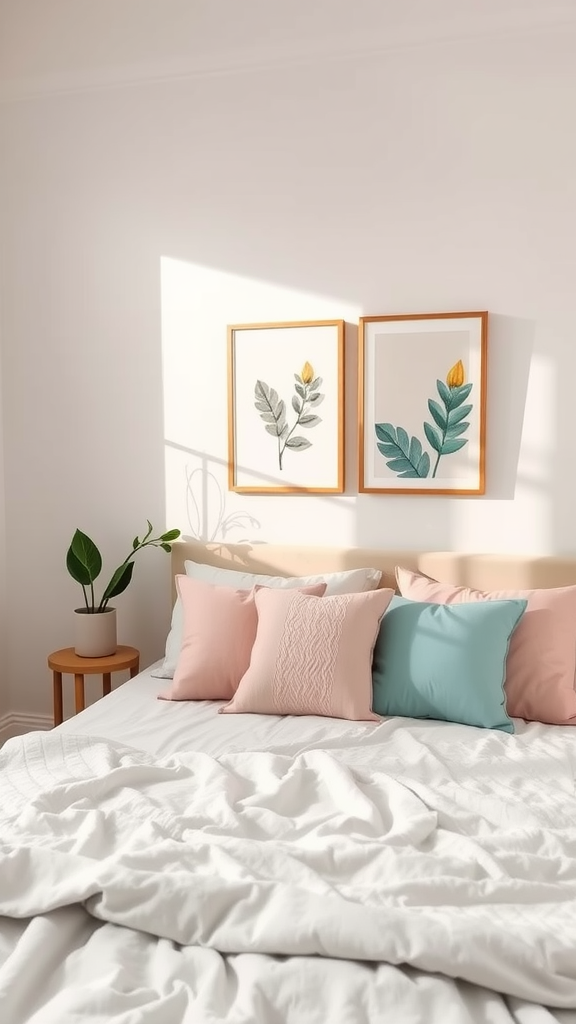 A cozy bedroom with pastel colored pillows, a simple plant, and framed botanical prints on the wall.