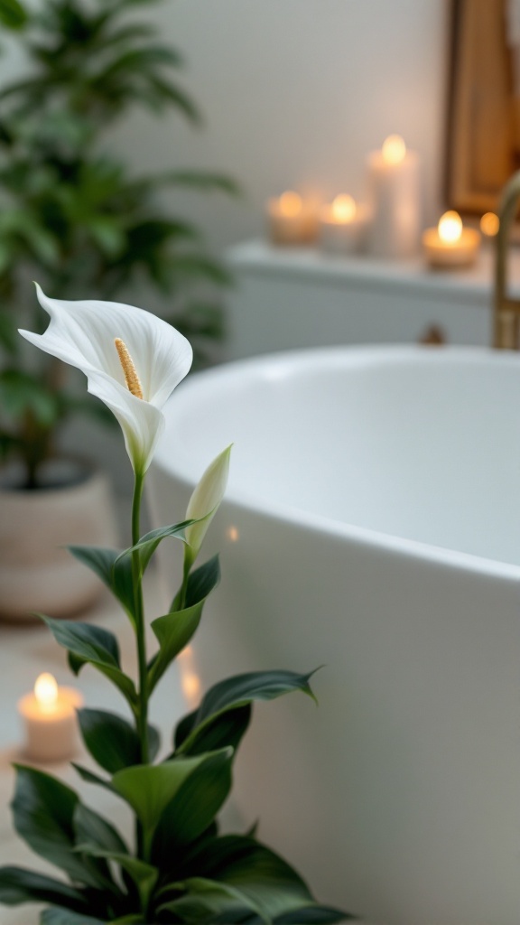 A Peace Lily plant with elegant white blooms beside a modern bathtub, surrounded by soft candlelight.