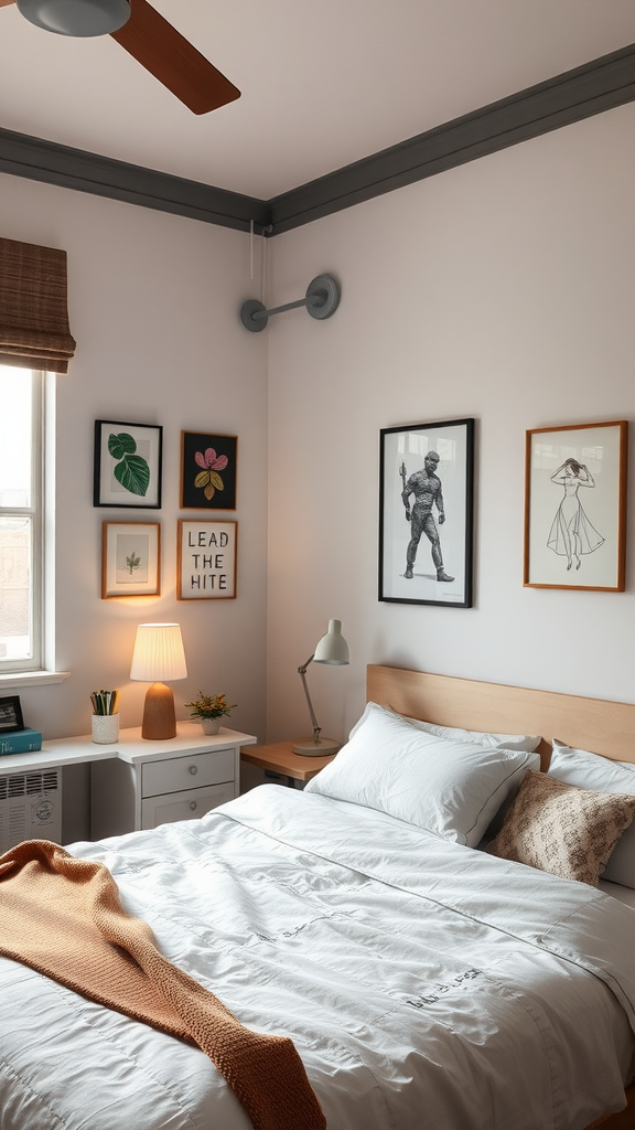 A cozy bedroom featuring artwork on the walls, a neatly made bed, and warm lighting.