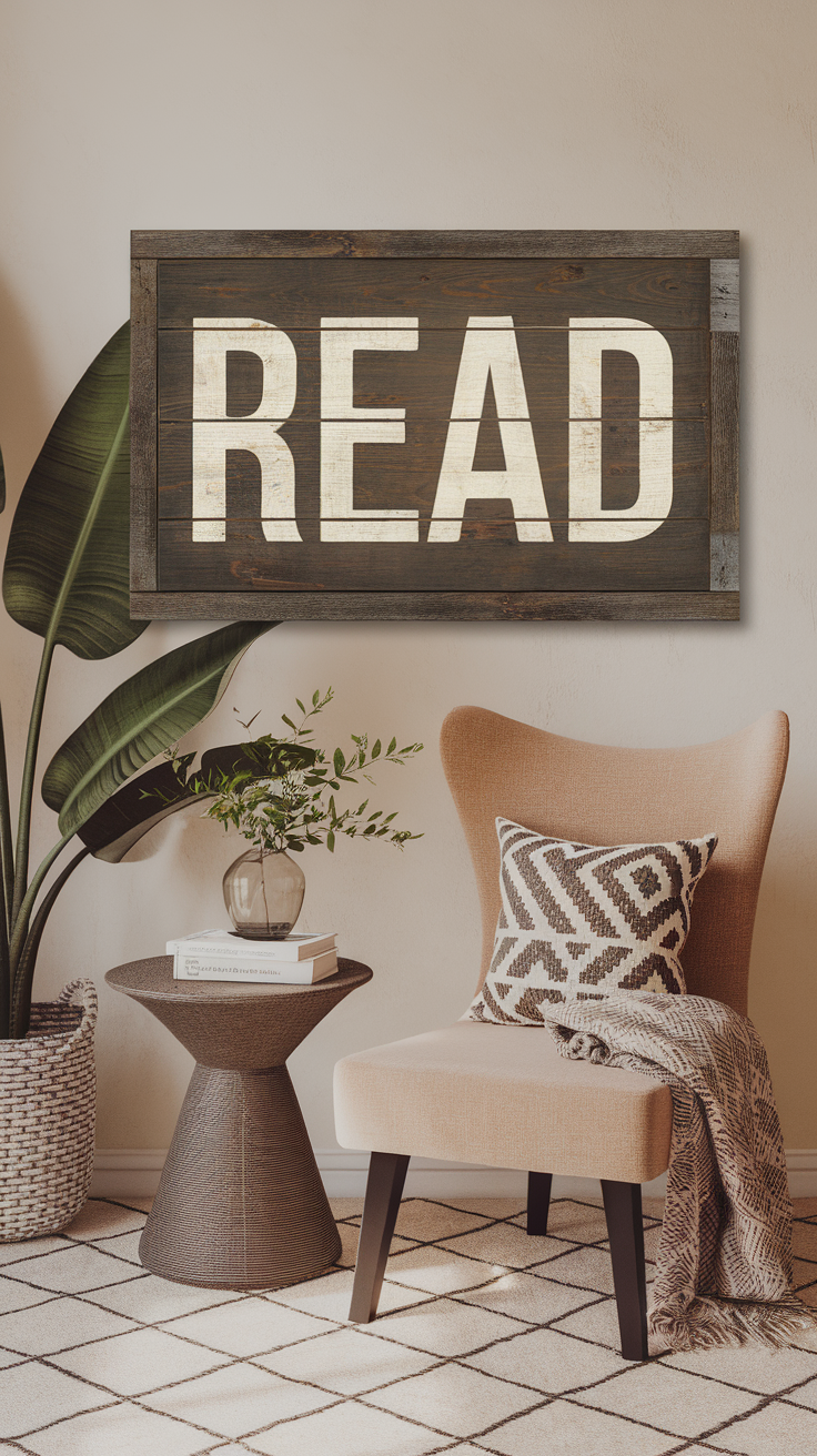 A cozy reading corner featuring a sign that says 'READ', a stylish chair, and a small table with books and a plant.