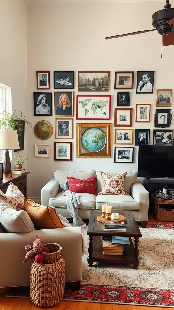 A cozy living room with a gallery wall of framed photos and art, showcasing a mix of styles and colors.