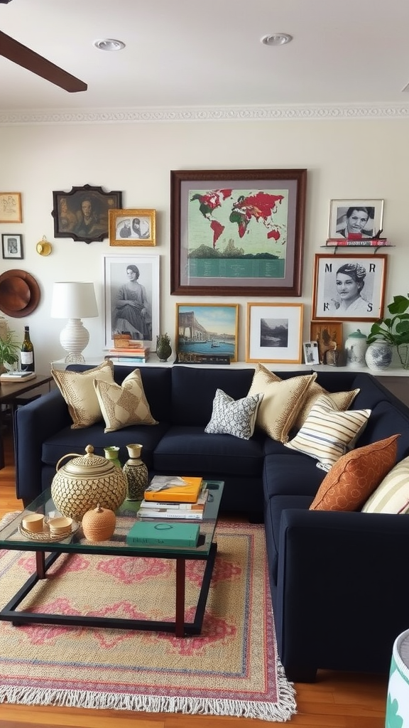 A cozy living room with a navy sectional sofa, decorative pillows, and a variety of wall art including maps and portraits.